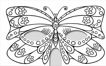 Gezeigt wird eine Innen- oder Zusatzansicht von „Diamantmasken – Glitzerspaß“. Die Abbildung zeigt eine leicht stilisierte Schmetterlingsmaske im Ausmal-Stil, umgeben von floralen Mustern. Die Maske hat runde Augenausschnitte, während die Flügel in verschiedenen Formen angeordnet sind. Die Linien sind klar und schwarz, was Raum für kreative Farbgestaltung lässt. Insgesamt vermittelt die Darstellung Freude und Kreativität.