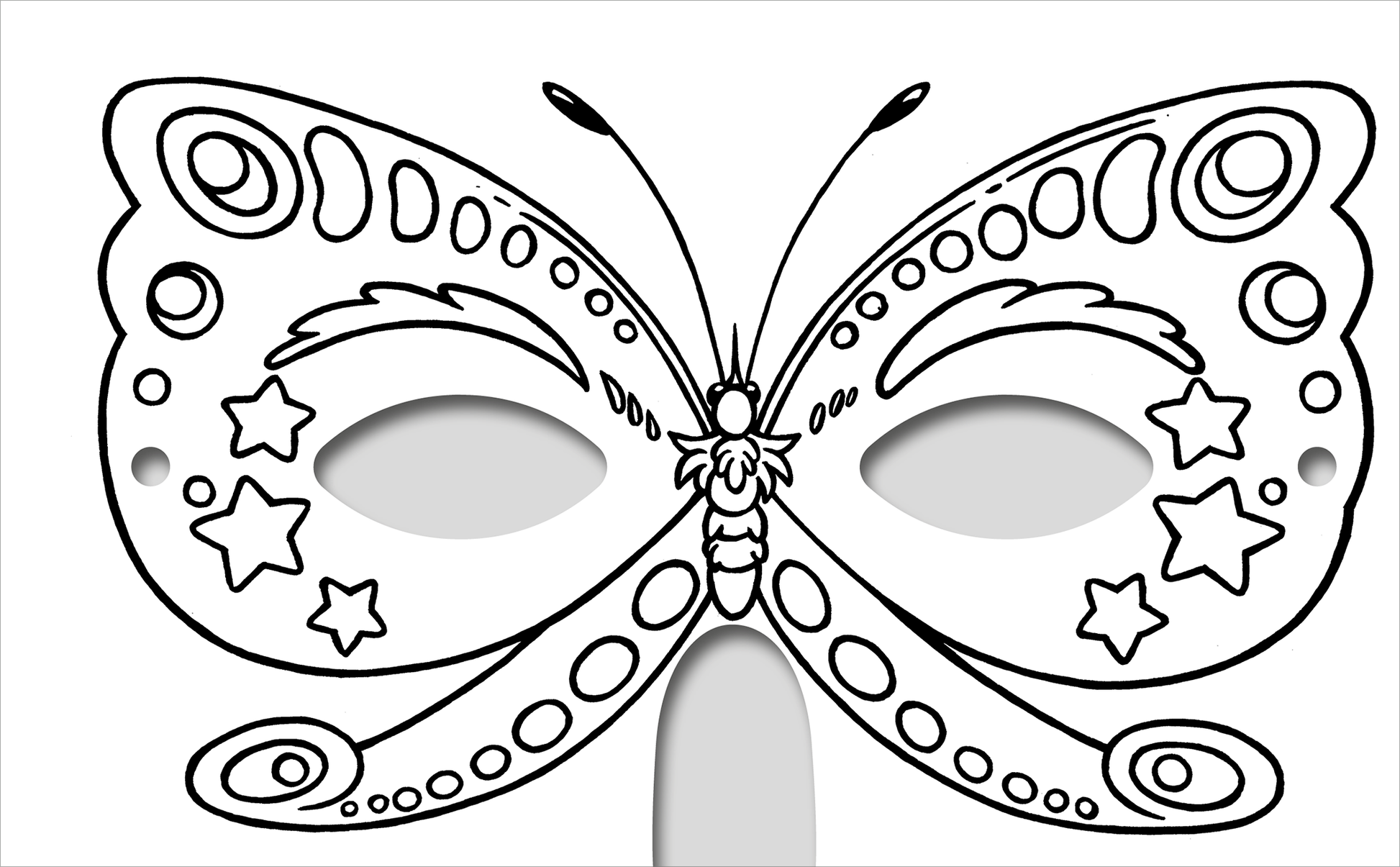 Gezeigt wird eine Innen- oder Zusatzansicht von „Diamantmasken – Tiere“. Die Abbildung zeigt eine maskenförmige Vorlage in Form eines Schmetterlings, umgeben von floralen und sternförmigen Mustern. Die Skizze ist in Schwarz-Weiß gehalten und bietet Platz für kreative Gestaltung. Die Umrisse sind klar definiert, und die großen Augenöffnungen sind oval. Die verspielte Gestaltung lädt dazu ein, die Maske nach eigenen Vorstellungen auszumalen und zu verzieren.