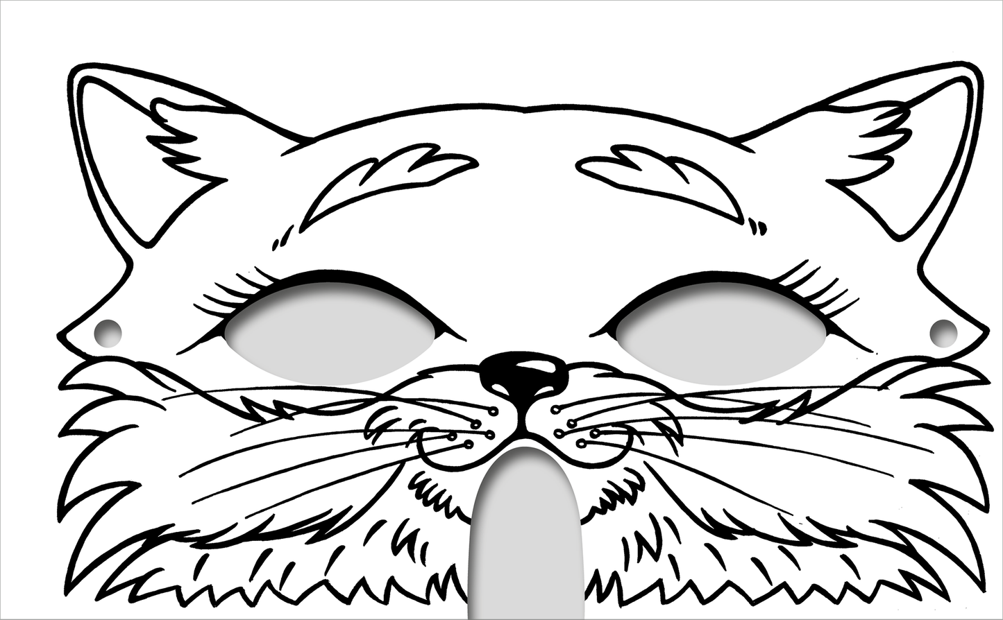 Gezeigt wird eine Innen- oder Zusatzansicht von „Diamantmasken – Tiere“. Die Maske zeigt das Gesicht eines Katers mit spitzen Ohren und einem geschwungenen Schnurrbart. Die Linienführung ist klar und konturiert, in Schwarz auf weißem Hintergrund. Die großen Augenöffnungen sind oval und verleihen der Maske einen spielerischen Ausdruck. Verschiedene Details, wie Wimpern und Haarschnitte, heben die verspielte Natur des Designs hervor und laden zur individuellen Gestaltung ein.