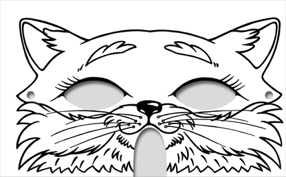 Gezeigt wird eine Innen- oder Zusatzansicht von „Diamantmasken – Tiere“. Die Maske zeigt das Gesicht eines Katers mit spitzen Ohren und einem geschwungenen Schnurrbart. Die Linienführung ist klar und konturiert, in Schwarz auf weißem Hintergrund. Die großen Augenöffnungen sind oval und verleihen der Maske einen spielerischen Ausdruck. Verschiedene Details, wie Wimpern und Haarschnitte, heben die verspielte Natur des Designs hervor und laden zur individuellen Gestaltung ein.