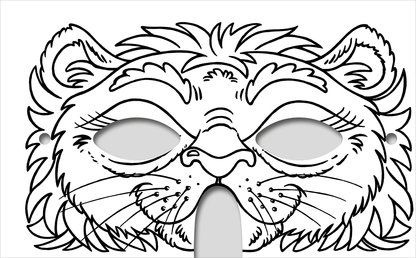 Gezeigt wird eine Innen- oder Zusatzansicht von „Diamantmasken – Tiere“. Die Maske zeigt das Gesicht eines wilden Tieres mit detaillierten, stilisierten Gesichtszügen. Sie ist in einer einfachen Schwarz-Weiß-Zeichnung gehalten, wobei die Konturen klar definiert sind. Zwei große, ovale Augenöffnungen sind integriert, um eine Durchsicht zu ermöglichen. Die Zeichnung vermittelt Lebendigkeit und lädt zur kreativen Gestaltung ein.