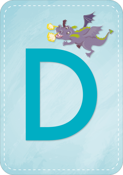 Gezeigt wird eine Innen- oder Zusatzansicht von „Meine Buchstaben-Box“. Auf einem hellblauen Hintergrund prangt ein großes, türkisfarbenes „D“. Darüber schwebt ein freundlicher, lila Drache mit gelben Flammen aus dem Mund. Die kindgerechte Typografie und das verspielte Design sprechen die Zielgruppe an und fördern das Lernen auf eine ansprechende Weise. Die abgerundeten Ecken des Kartenlayouts geben dem Gesamtbild eine harmonische Note.