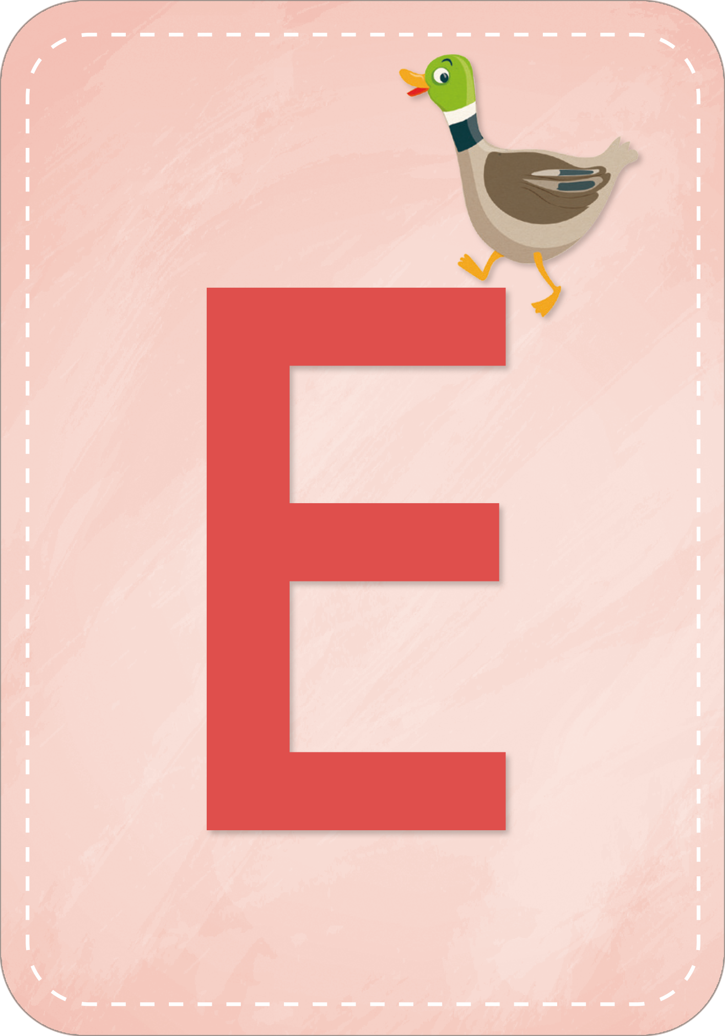 Gezeigt wird eine Innen- oder Zusatzansicht von „Meine Buchstaben-Box“. Auf einem sanft rosa Hintergrund steht der große Buchstabe „E“ in kräftigem Rot. Über dem Buchstaben läuft eine cartoonhafte Ente, die freundlich aussieht. Der zweifarbig gestaltete Bereich wird von einer weißen, punktierten Linie umrandet, die dem Design einen spielerischen Touch verleiht.