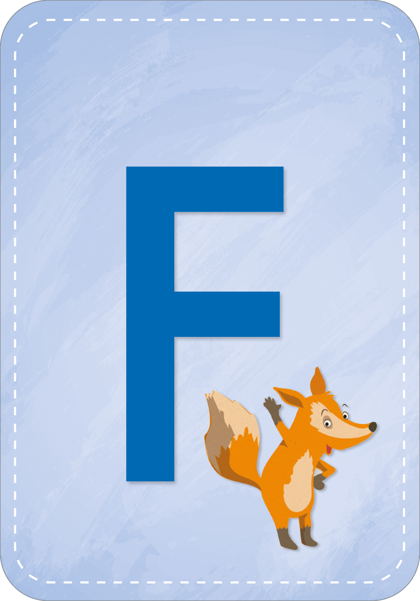 Gezeigt wird eine Innen- oder Zusatzansicht von „Meine Buchstaben-Box“. Auf einem hellblauen Hintergrund steht der Buchstabe „F“ in kräftigem Blau. Rechts neben dem Buchstaben ist eine Illustrationen eines fröhlichen, orangefarbenen Fuchses abgebildet, der freundlich in die Richtung des Betrachters schaut. Die Typografie ist klar und groß, wodurch die Buchstaben gut lesbar sind. Ein weißer, gestickter Rand umrahmt das Bild und verleiht ihm eine ansprechende Optik.