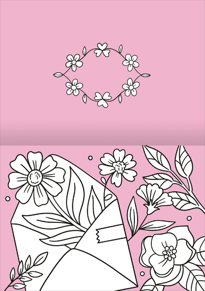 Gezeigt wird eine Innen- oder Zusatzansicht von „I Love to Bloom – Grußkarten“. Die Karte hat einen sanften, rosa Hintergrund, überzogen mit schwarz-weißen, handgezeichneten Blumenmotiven. In der oberen Hälfte der Karte ist ein zarter Blumenkranz platziert, während die untere Hälfte eine stilisierte, geöffnete Briefumschlagdarstellung mit weiteren floralen Elementen zeigt. Die Typografie ist verspielt und harmonisch in das Gesamtbild integriert.