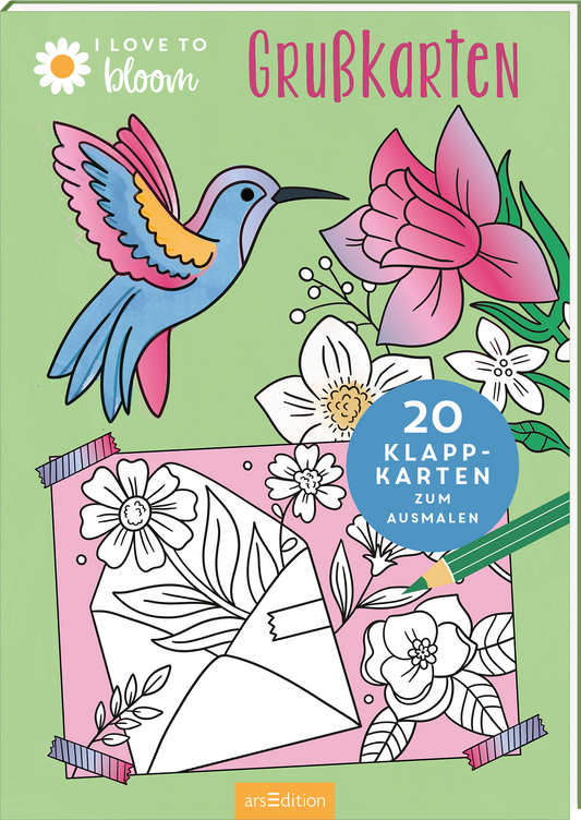 Auf dem Buchcover sind stilisierte Blumen und ein bunter Kolibri zu sehen, die auf einem hellgrünen Hintergrund im Vordergrund angeordnet sind. In der Mitte befindet sich ein weißes Kuvert mit floralen Motiven, das von bunten Scheren und Klebestreifen umrahmt wird. Oben links steht in verspielter Schrift „I LOVE TO BLOOM“ und darunter „GRUSSKARTEN“ in einer auffälligen Schriftart. Am unteren Rand ist der Button mit der Aufschrift „20 KLAPPKARTEN ZUM AUSMALEN“ deutlich sichtbar....