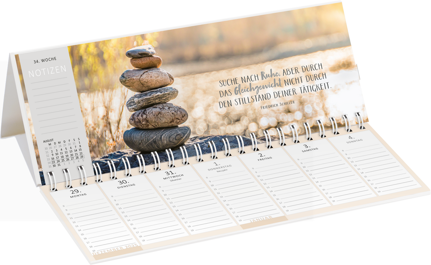 Gezeigt wird eine Innen- oder Zusatzansicht von „Tischkalender Einatmen. Ausatmen. Lächeln. 2027“. Die Gestaltung zeigt eine sanfte, helle Farbpalette mit Naturtönen und einer ruhigen Bildkomposition. Im oberen Bereich sind gestapelte Steine zu sehen, die Harmonie symbolisieren. Rechts daneben steht der inspirierende Spruch „Suche nach Ruhe, aber durch das Gleichgewicht nicht durch den Stillstand deiner Tätigkeiten“ in einer klaren, freundlichen Schrift. Unten sind die Wochentage mit...