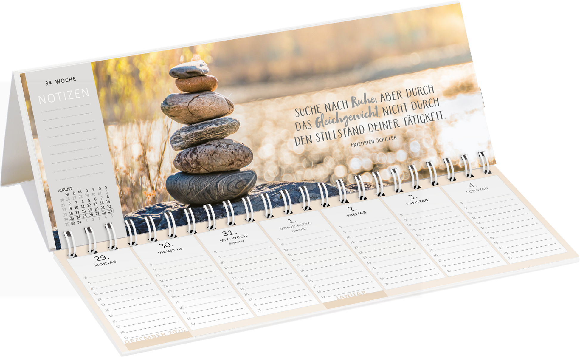 Gezeigt wird eine Innen- oder Zusatzansicht von „Tischkalender Einatmen. Ausatmen. Lächeln. 2027“. Die Gestaltung zeigt eine sanfte, helle Farbpalette mit Naturtönen und einer ruhigen Bildkomposition. Im oberen Bereich sind gestapelte Steine zu sehen, die Harmonie symbolisieren. Rechts daneben steht der inspirierende Spruch „Suche nach Ruhe, aber durch das Gleichgewicht nicht durch den Stillstand deiner Tätigkeiten“ in einer klaren, freundlichen Schrift. Unten sind die Wochentage mit...
