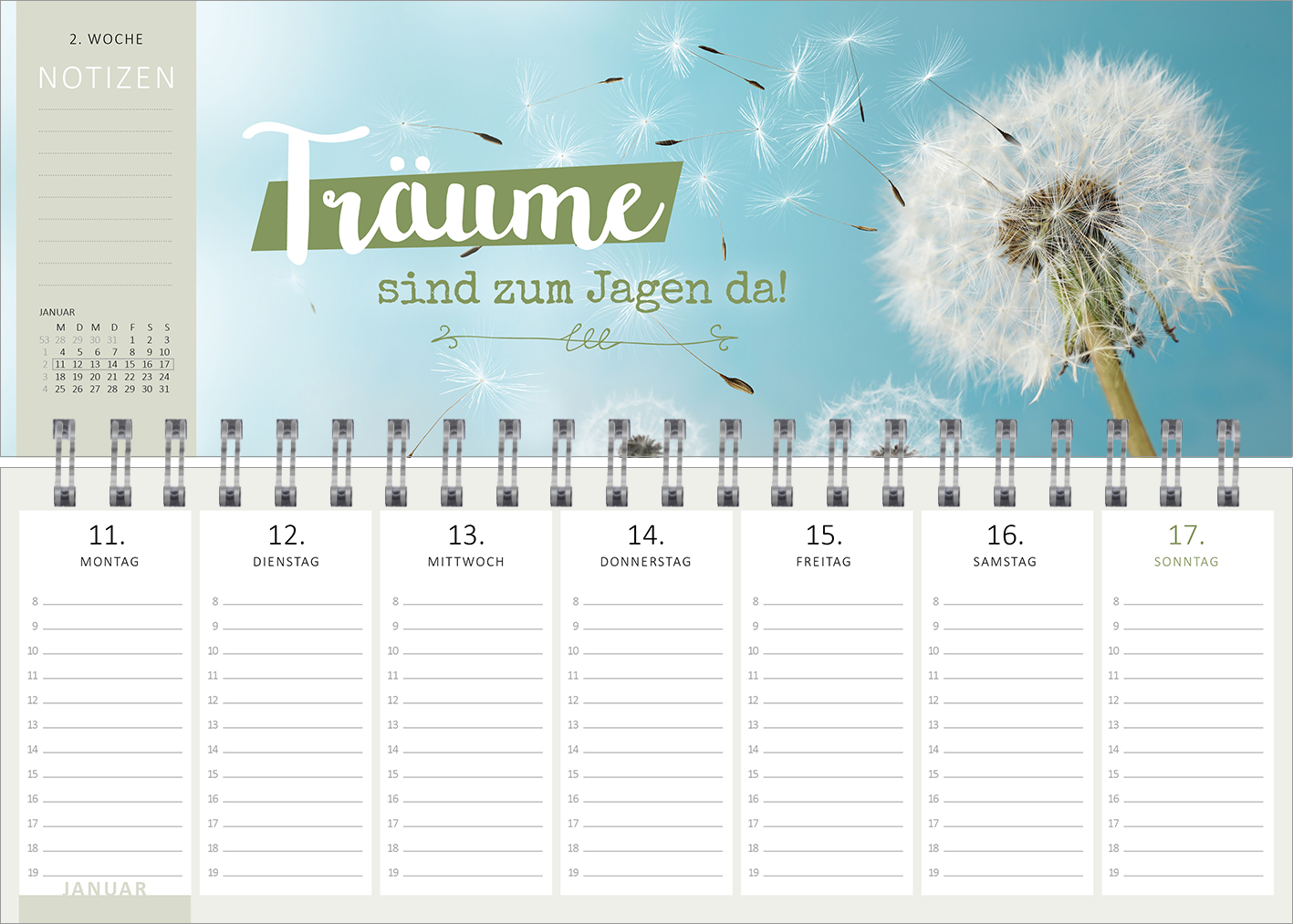 Gezeigt wird eine Innen- oder Zusatzansicht von „Tischkalender Heute ist mein Lieblingstag! 2027“. Die Ansicht zeigt eine sanfte, hellblaue Hintergrundfarbe mit einer großen, weißen Pusteblume rechts. Über ihr steht der Schriftzug „Träume sind zum Jagen da!“ in einer verspielten, handschriftlichen Typografie in Weiß und Grün. Links befindet sich eine Notizenspalte mit Platz für Termine, die in klarer, dunkler Schrift angeordnet sind. Die Gesamtgestaltung wirkt frisch und...