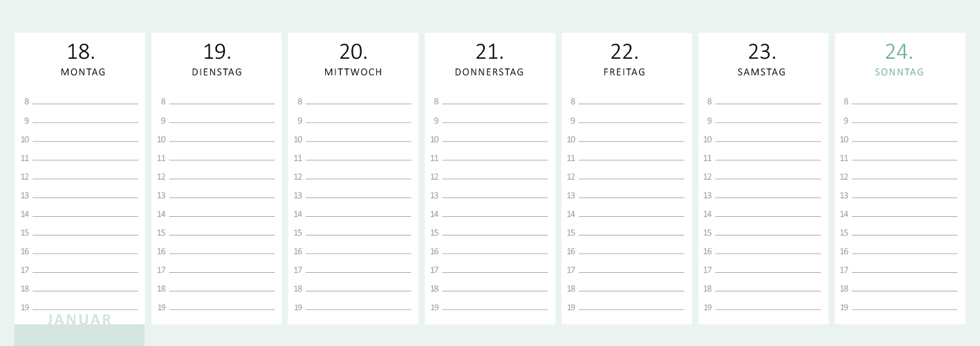 Gezeigt wird eine Innen- oder Zusatzansicht von „Tischkalender Heute ist mein Lieblingstag! 2027“. Die Ansicht zeigt eine Woche mit klar gegliederten Spalten für jeden Wochentag, wobei die Tage von Montag bis Sonntag aufgelistet sind. Die Schrift ist modern und gut lesbar in einem sanften Schwarz auf einem hellen Hintergrund. Kleine Kästchen bieten Platz für Notizen, während der Monatsname „Januar“ in einem zarten Mintgrün hervorgehoben ist.