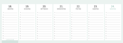 Gezeigt wird eine Innen- oder Zusatzansicht von „Tischkalender Heute ist mein Lieblingstag! 2027“. Die Ansicht zeigt eine Woche mit klar gegliederten Spalten für jeden Wochentag, wobei die Tage von Montag bis Sonntag aufgelistet sind. Die Schrift ist modern und gut lesbar in einem sanften Schwarz auf einem hellen Hintergrund. Kleine Kästchen bieten Platz für Notizen, während der Monatsname „Januar“ in einem zarten Mintgrün hervorgehoben ist.