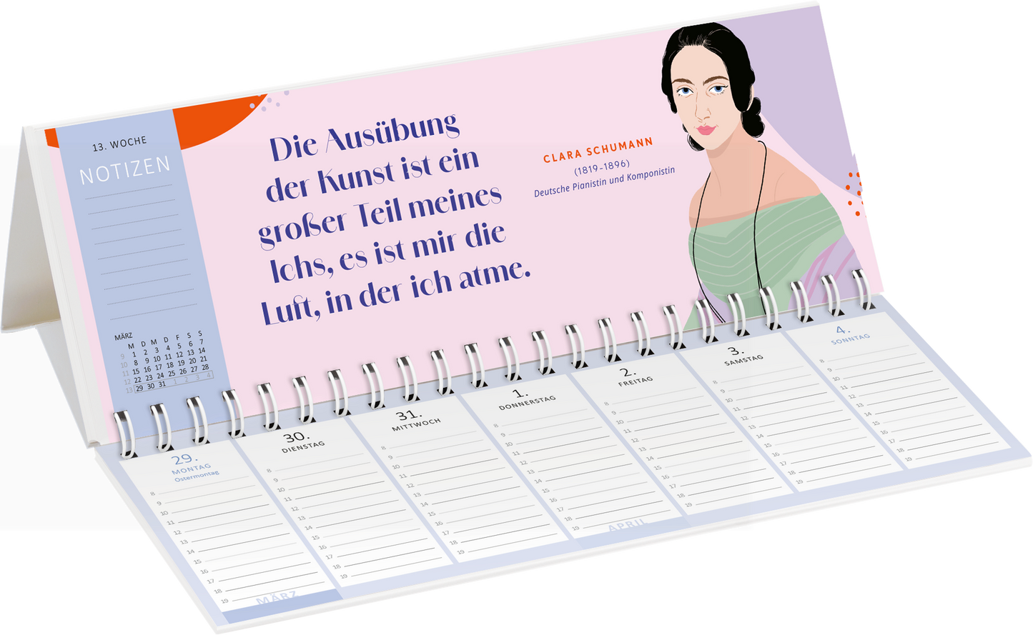 Gezeigt wird eine Innen- oder Zusatzansicht von „Tischkalender Kluge Frauen, die unsere Welt inspirieren 2027“. Die Ansicht zeigt eine pastelblaue Oberfläche mit einer stilisierten Illustration einer Frau, die in einer mintgrünen Bluse gekleidet ist. Über ihr steht ein Zitat von Clara Schumann in einer eleganten, dunklen Schriftart. Die Monatsübersicht bietet klare, linierte Felder für Notizen unterhalb, während der Kalender auf einem stabilen, aufstellbaren Platzhalter ruht....