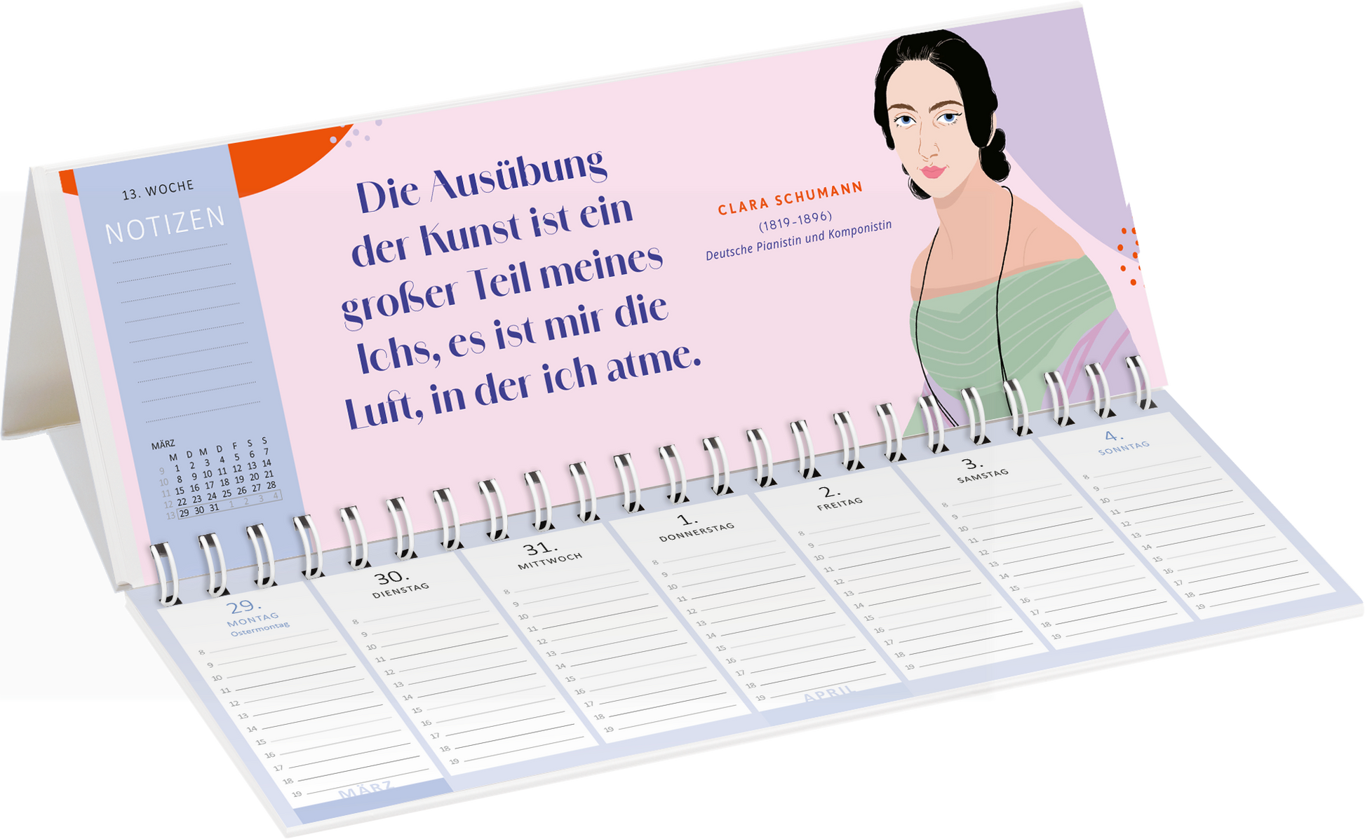 Gezeigt wird eine Innen- oder Zusatzansicht von „Tischkalender Kluge Frauen, die unsere Welt inspirieren 2027“. Die Ansicht zeigt eine pastelblaue Oberfläche mit einer stilisierten Illustration einer Frau, die in einer mintgrünen Bluse gekleidet ist. Über ihr steht ein Zitat von Clara Schumann in einer eleganten, dunklen Schriftart. Die Monatsübersicht bietet klare, linierte Felder für Notizen unterhalb, während der Kalender auf einem stabilen, aufstellbaren Platzhalter ruht....