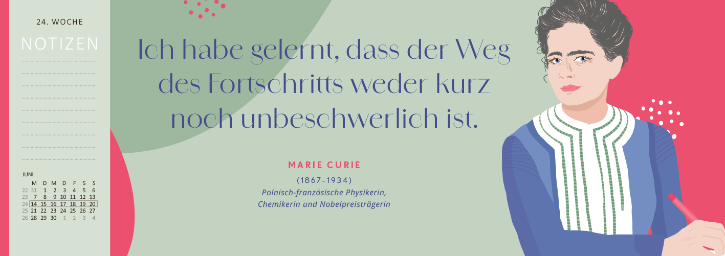 Gezeigt wird eine Innen- oder Zusatzansicht von „Tischkalender Kluge Frauen, die unsere Welt inspirieren 2027“. Die Ansicht zeigt eine emotionale künstlerische Illustration einer klugen Frau in einem eleganten blauen Outfit. Der Titel „Kluge Frauen,“ ist in einer auffälligen rosa Schrift hervorgehoben, während der Untertitel „DIE UNSERE WELT INSPIRIEREN“ in leichterer Schrift darunter steht. Die Farbpalette umfasst sanfte Grüntöne, Lila und Weiß, ergänzt durch grafische...