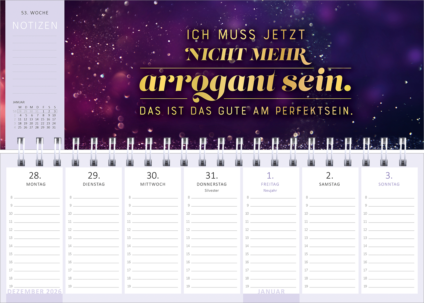 Gezeigt wird eine Innen- oder Zusatzansicht von „Tischkalender Meine Motivation &amp; ich leben gerade getrennt. 2027“. Der Kalender präsentiert sich mit einem farbenfrohen, galaktischen Hintergrund in Lila- und Violetttönen. Zentrale Elemente sind eine inspirierende Schriftzug-Kombination in goldener Typografie, die motivierende Texte und Notizspalten für die Tage der Woche umfasst. Die Wochentage sind klar strukturiert mit ausreichend Platz für persönliche Notizen, um die Nutzung zu...