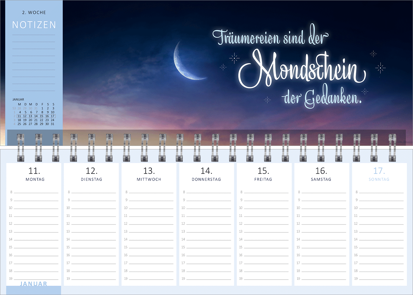 Gezeigt wird eine Innen- oder Zusatzansicht von „Tischkalender Mein magisches Jahr 2027“. Der Kalender präsentiert sich in einem tiefen Violettton mit goldenen und weißen Illustrationen. Zentrale Elemente sind eine strahlende Sonne und ein halb verschleierter Mond, umgeben von verschnörkelten Wolken und Sternen. Die Schrift „MEIN MAGISCHES JAHR“ ist groß und in einer eleganten, verspielten Typografie gestaltet, während das Jahr „2027“ in einem klaren, runden Feld abgebildet ist.