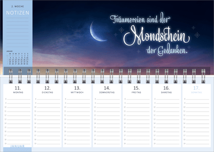 Gezeigt wird eine Innen- oder Zusatzansicht von „Tischkalender Mein magisches Jahr 2027“. Der Kalender präsentiert sich in einem tiefen Violettton mit goldenen und weißen Illustrationen. Zentrale Elemente sind eine strahlende Sonne und ein halb verschleierter Mond, umgeben von verschnörkelten Wolken und Sternen. Die Schrift „MEIN MAGISCHES JAHR“ ist groß und in einer eleganten, verspielten Typografie gestaltet, während das Jahr „2027“ in einem klaren, runden Feld abgebildet ist.