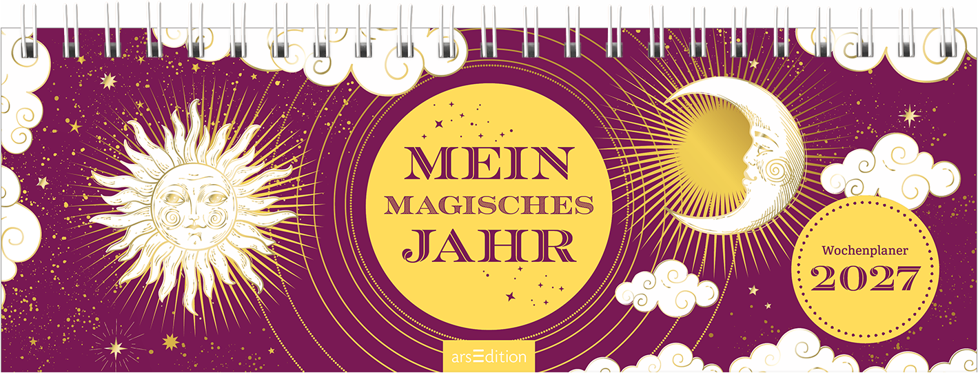 Das Buchcover ist in einem tiefen Purpur gehalten und zeigt einen großen, gelben Kreis mit dem Titel „MEIN MAGISCHES JAHR“ in markanter, künstlerischer Schrift. Links strahlt eine goldene Sonne mit Gesicht, während rechts eine schimmernde Mondsichel zu sehen ist, umgeben von feinen, goldenen Linien und kleinen, weißen Wolken. In der unteren rechten Ecke befindet sich ein runder Button mit der Aufschrift „Wochenplaner 2027“. Ganz unten mittig steht der Logoschriftzug von arsEdition.
