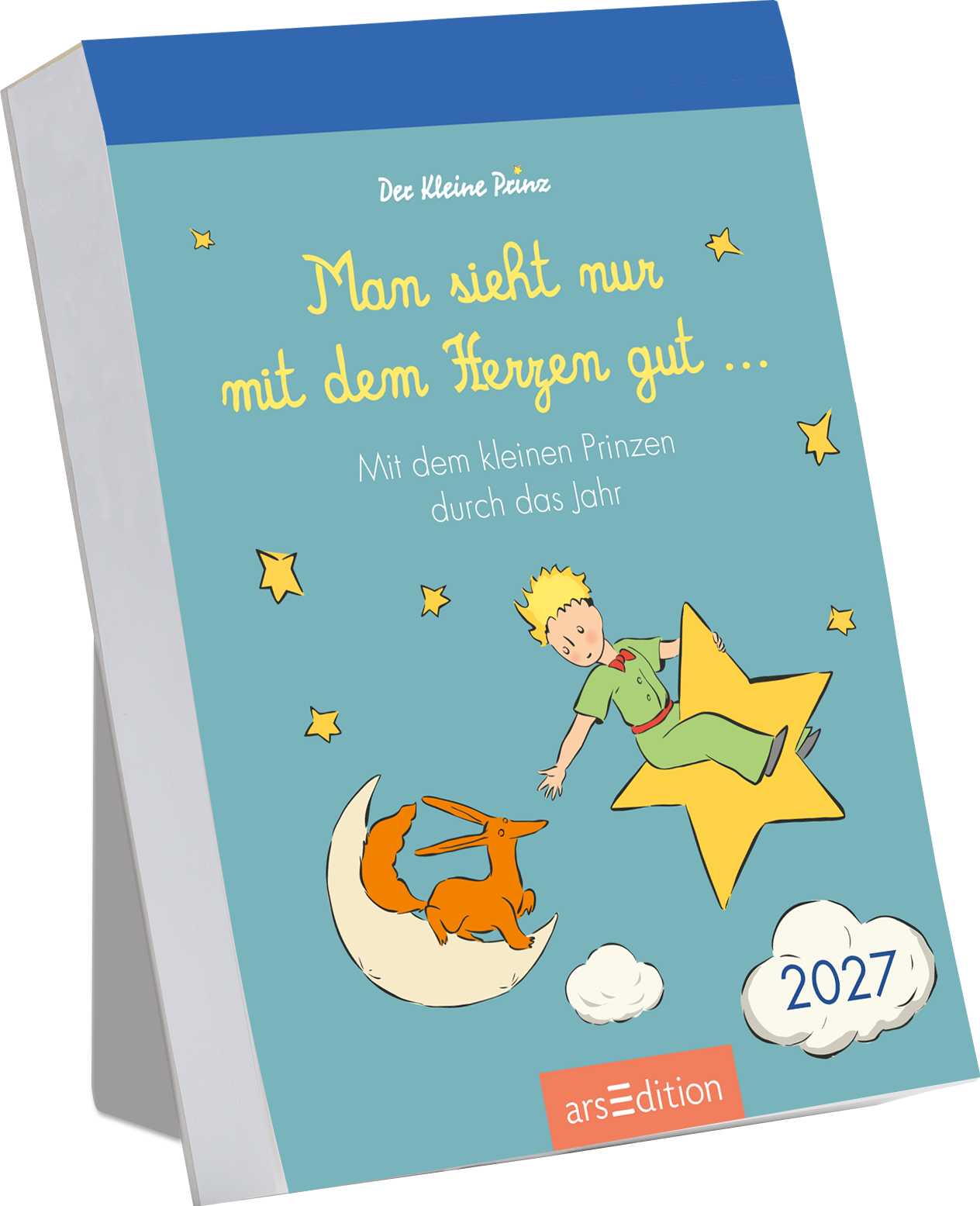 Das Cover zeigt einen hellblauen Hintergrund mit einer übergroßen gelben Sternenillustration. In der Mitte steht der Titel „Man sieht nur mit dem Herzen gut …“ in freundlicher, geschwungener Schrift, die in Weiß gehalten ist. Darunter findet sich der Untertitel „Mit dem kleinen Prinzen durch das Jahr“ in kleinerer, grauer Schrift. Eine abgebildete Figur des kleinen Prinzen sitzt auf einem großen gelben Stern, umgeben von weiteren Illustrationen, darunter ein roter Fuchs. Ein...