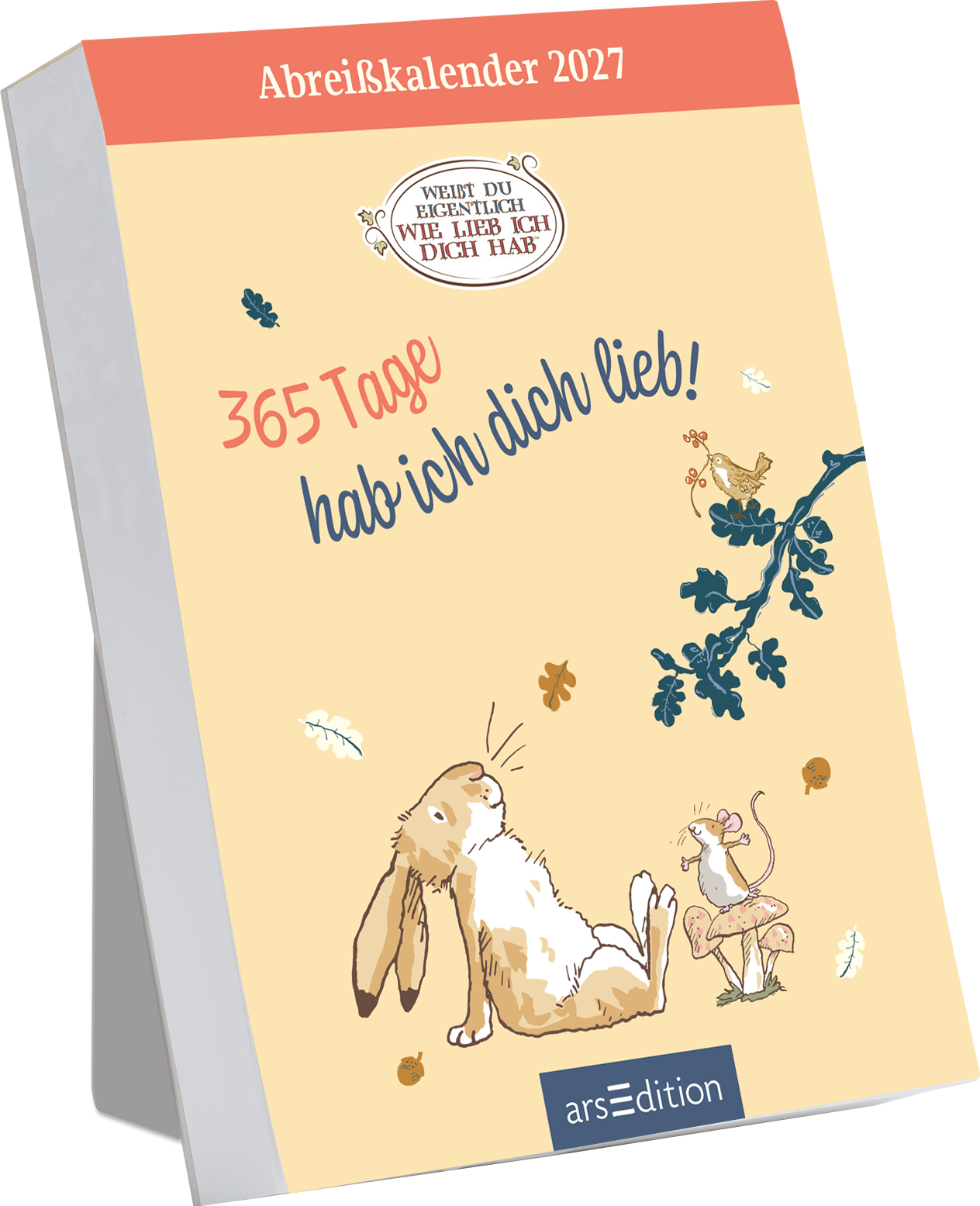 Das Buchcover zeigt einen sanften, hellen Hintergrund in Gelbtönen. Oben prangt der Titel „Abreißkalender 2027“ in roten Großbuchstaben. Eine verspielte Schriftart gehört dem zentralen Slogan „365 Tage hab ich dich lieb!“, der in einer Mischung aus roten und blauen Buchstaben gestaltet ist. Neben dem Text sind niedliche Illustrationen von einem liegenden Hasen und einer kleinen Maus sowie pflanzlichen Elementen zu sehen, die eine liebevolle Atmosphäre erzeugen. Oben mittig ist ein...