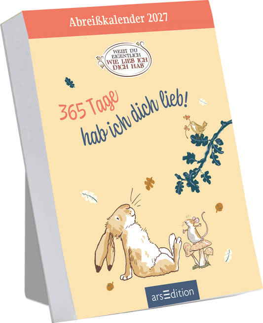 Das Buchcover zeigt einen sanften, hellen Hintergrund in Gelbtönen. Oben prangt der Titel „Abreißkalender 2027“ in roten Großbuchstaben. Eine verspielte Schriftart gehört dem zentralen Slogan „365 Tage hab ich dich lieb!“, der in einer Mischung aus roten und blauen Buchstaben gestaltet ist. Neben dem Text sind niedliche Illustrationen von einem liegenden Hasen und einer kleinen Maus sowie pflanzlichen Elementen zu sehen, die eine liebevolle Atmosphäre erzeugen. Oben mittig ist ein...