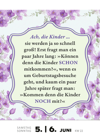 Gezeigt wird eine Innen- oder Zusatzansicht von „Abreißkalender Renate Bergmann - Der Kalender 2027“. Der Hintergrund ist in sanften Pastelltönen gehalten, ergänzt durch zarte, lila Blumenmuster. Im Vordergrund befindet sich ein geschwungenes, cremefarbenes Textfeld mit der humorvollen Aufschrift: „Ach, die Kinder ...“, in einer gut lesbaren, großen Schriftart. Die Typografie wechselt zwischen normaler und hervorgehobener Schrift, was dem Text Dynamik verleiht. Unterhalb sind das...