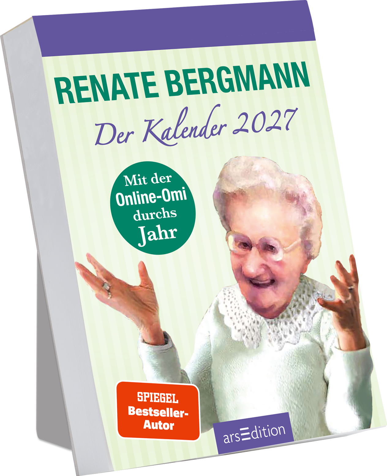 Das Buchcover zeigt eine fröhliche ältere Frau mit Brille und grauen Haaren, die mit beiden Händen nach oben gestikuliert. Der Hintergrund ist in einem sanften Grün gehalten. Der Titel „Der Kalender 2027“ ist in lila Schrift geschrieben und hebt sich deutlich ab. Ein blauer, runder Button informier über „SPIEGEL Bestseller-Autor“. Ganz unten mittig steht der Logoschriftzug von arsEdition.