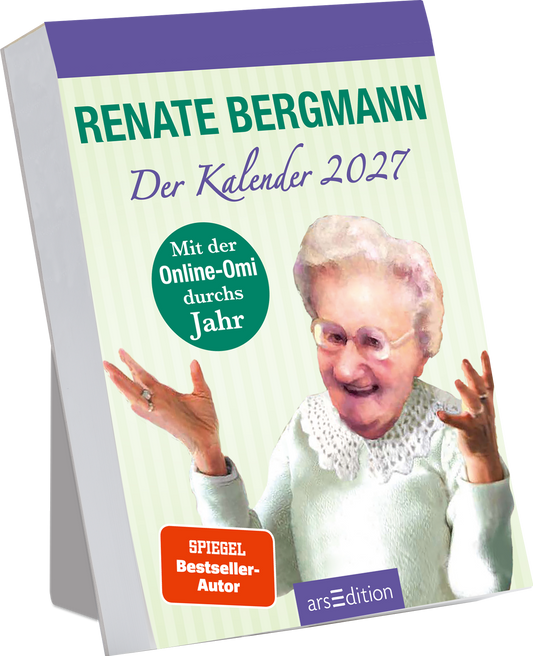 Das Buchcover zeigt eine fröhliche ältere Frau mit Brille und grauen Haaren, die mit beiden Händen nach oben gestikuliert. Der Hintergrund ist in einem sanften Grün gehalten. Der Titel „Der Kalender 2027“ ist in lila Schrift geschrieben und hebt sich deutlich ab. Ein blauer, runder Button informier über „SPIEGEL Bestseller-Autor“. Ganz unten mittig steht der Logoschriftzug von arsEdition.