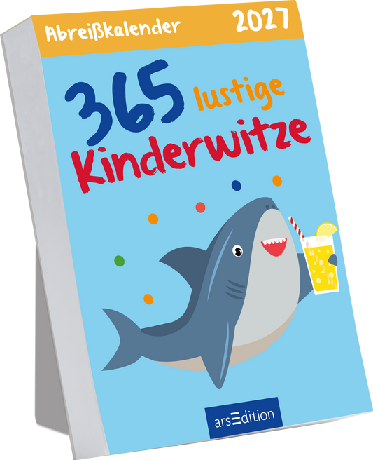 Auf dem Buchcover ist ein hellblauer Hintergrund zu sehen. Im Vordergrund prangt ein lächelnder Hai, der ein Getränk mit Strohhalm in der Flosse hält. Über dem Hai steht in großen, blauen Buchstaben „365 lustige“ und darunter in fröhlichem Rot „Kinderwitze“. Bunte, kleine Kreise verstreuen sich um den Hai und verleihen dem Cover eine lebendige, spielerische Atmosphäre. Ganz oben steht „Abreißkalender 2027“. Ganz unten mittig steht der Logoschriftzug von arsEdition.