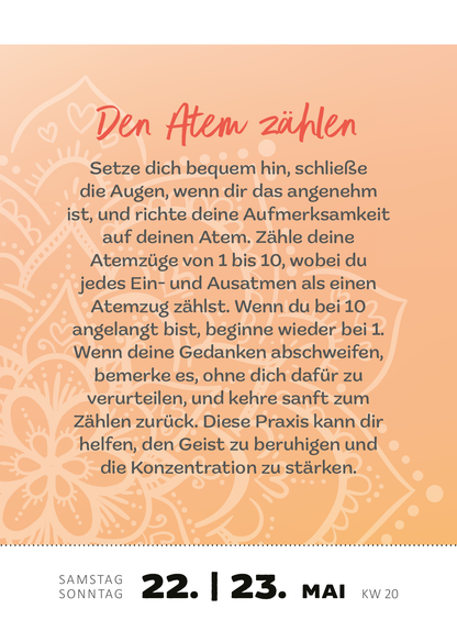 Gezeigt wird eine Innen- oder Zusatzansicht von „Abreißkalender Achtsamkeit für dich 2027“. Der Hintergrund ist in sanften Orange- und Pastelltönen gehalten, ergänzt durch ein filigranes, weißes Muster. In der Mitte steht der Titel „Den Atem zählen“ in einer handschriftlichen, roten Schriftart, die freundliche und einladende Gefühle vermittelt. Darunter befindet sich eine klare, gut lesbare schwarze Schrift mit Anweisungen zur Achtsamkeitsübung. Am unteren Rand sind das Datum...
