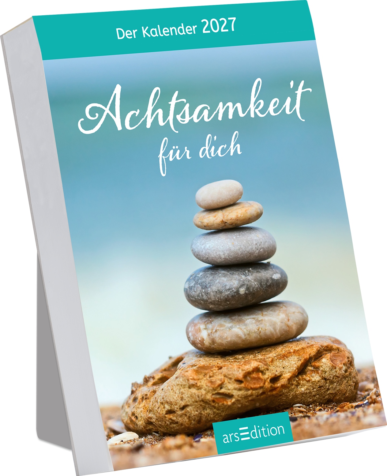 Der Kalender 2027 trägt den Titel „Achtsamkeit für dich“ in geschwungener, weißer Schrift auf einem sanften, blauen Hintergrund. Im Fokus steht ein stapel aus glatten, runden Steinen, der auf einem großen, flachen Stein liegt. Die harmonische Farbgebung vermittelt ein Gefühl von Ruhe und Balance. Ganz unten mittig steht der Logoschriftzug von arsEdition.