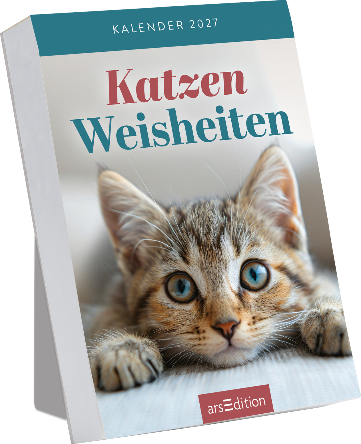 Das Cover zeigt ein niedliches, graues Kätzchen mit großen, blauen Augen. Der Titel „Katzen Weisheiten“ ist in einer eleganten, serifenlosen Schrift in Türkis oben platziert, während „Kalender 2027“ in kleineren, hellen Buchstaben darüber zu finden ist. Die sanften Farben und der freundliche Ausdruck des Kätzchens verleihen der Gestaltung eine warme, einladende Atmosphäre. Ganz unten mittig steht der Logoschriftzug von arsEdition.