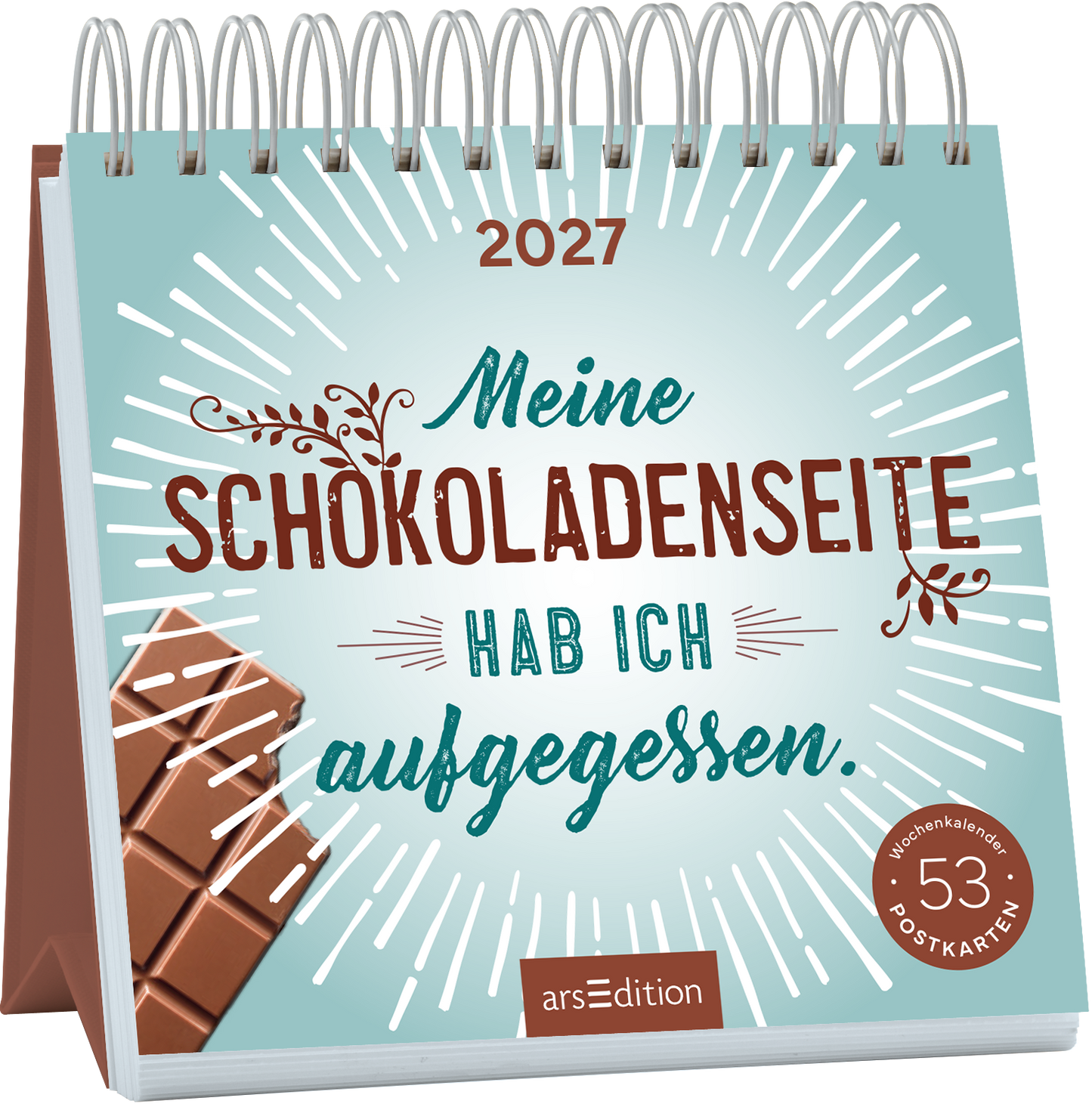 Das Cover zeigt einen spiralen Kalender für das Jahr 2027 auf einem hellblauen Hintergrund. In braunen, verspielten Buchstaben steht der Titel „Meine Schokoladenseite hab ich aufgegessen.“ Links ist eine ansprechende Schokoladentafel abgebildet. Strahlen und geschwungene Ornamente verleihen dem Design eine fröhliche Atmosphäre. In der unteren rechten Ecke befindet sich ein Button mit der Aufschrift „Wochenkalender 53 Postkarten“. Ganz unten mittig steht der Logoschriftzug von...