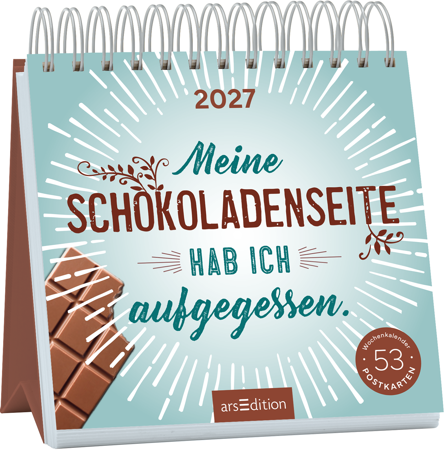 Das Cover zeigt einen spiralen Kalender für das Jahr 2027 auf einem hellblauen Hintergrund. In braunen, verspielten Buchstaben steht der Titel „Meine Schokoladenseite hab ich aufgegessen.“ Links ist eine ansprechende Schokoladentafel abgebildet. Strahlen und geschwungene Ornamente verleihen dem Design eine fröhliche Atmosphäre. In der unteren rechten Ecke befindet sich ein Button mit der Aufschrift „Wochenkalender 53 Postkarten“. Ganz unten mittig steht der Logoschriftzug von...