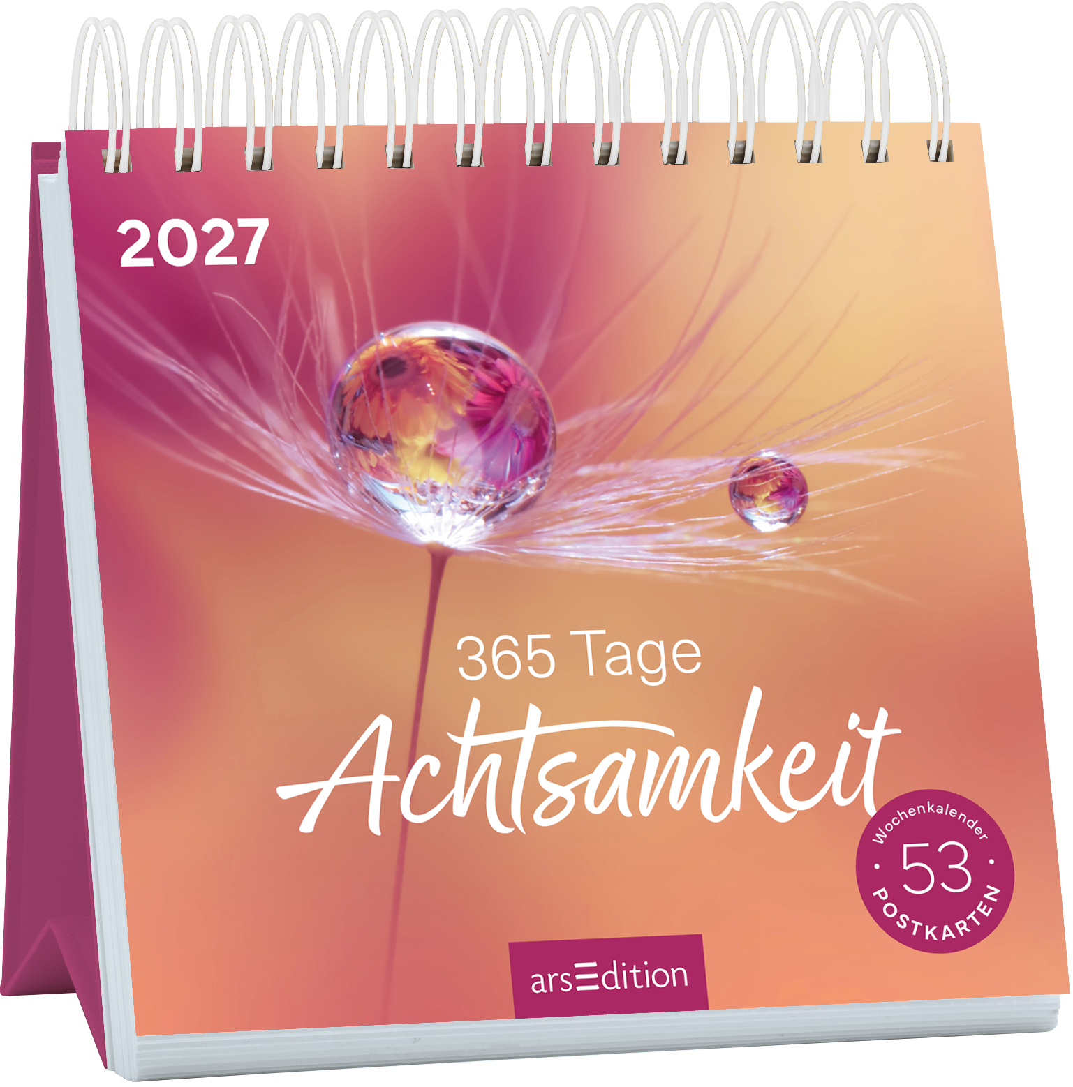 Das Buchcover zeigt einen sanften Farbverlauf in rosa und orange, der eine beruhigende Atmosphäre vermittelt. In der Mitte des Covers befindet sich eine auf einem Dandelionblatt platzierte Wasserperle, die das Licht reflektiert. Der Titel „365 Tage Achtsamkeit“ ist in eleganter, verspielter Schrift in Weiß gehalten. Oben links steht das Jahr „2027“ in einer klaren, modernen Schrift. Unten rechts ist ein runder Button mit dem Text „53 Postkarten“ sichtbar. Ganz unten mittig steht...