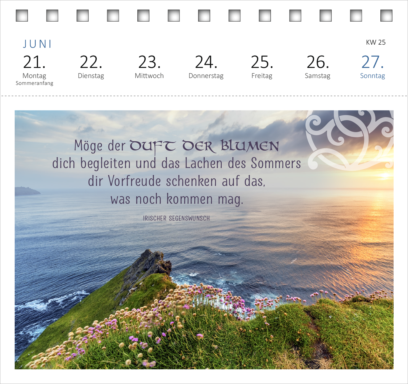 Gezeigt wird eine Innen- oder Zusatzansicht von „Postkartenkalender Irische Segenswünsche 2027“. Die Ansicht präsentiert eine malerische Küstenlandschaft mit blühenden Pflanzen im Vordergrund. Der Hintergrund zeigt eine sanfte Übergang von land- zu wasserbedecktem Terrain unter wolkenverhangenem Himmel. In der oberen rechten Ecke verziert ein filigranes, irisches Muster den Kalender. Die Typografie ist klar und gut lesbar, die Segenswünsche heben sich in einem sanften Grau von der...