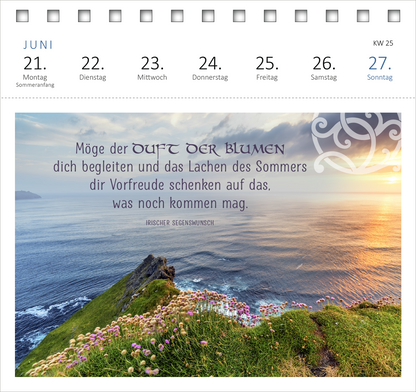 Gezeigt wird eine Innen- oder Zusatzansicht von „Postkartenkalender Irische Segenswünsche 2027“. Die Ansicht präsentiert eine malerische Küstenlandschaft mit blühenden Pflanzen im Vordergrund. Der Hintergrund zeigt eine sanfte Übergang von land- zu wasserbedecktem Terrain unter wolkenverhangenem Himmel. In der oberen rechten Ecke verziert ein filigranes, irisches Muster den Kalender. Die Typografie ist klar und gut lesbar, die Segenswünsche heben sich in einem sanften Grau von der...