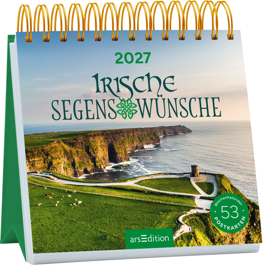 Das Buchcover zeigt eine malerische Küstenlandschaft Irlands mit steilen Klippen und einer Ruhe ausstrahlenden See. Der Titel „Irische Segenswünsche“ steht in eleganter grüner Typografie, begleitet von einem dekorativen, keltischen Muster. Oben ist das Jahr „2027“ in einer klaren Schrift platziert. Unten rechts befindet sich ein Button mit dem Text „52 Postkarten“ und der Hinweis auf einen Wochenkalender. Ganz unten mittig steht der Logoschriftzug von arsEdition.