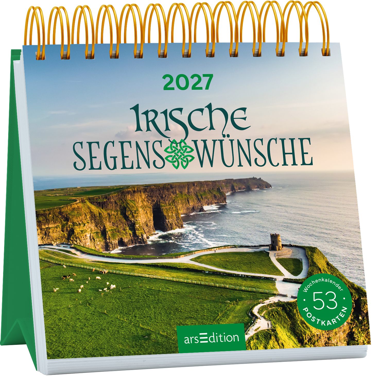 Das Buchcover zeigt eine malerische Küstenlandschaft Irlands mit steilen Klippen und einer Ruhe ausstrahlenden See. Der Titel „Irische Segenswünsche“ steht in eleganter grüner Typografie, begleitet von einem dekorativen, keltischen Muster. Oben ist das Jahr „2027“ in einer klaren Schrift platziert. Unten rechts befindet sich ein Button mit dem Text „52 Postkarten“ und der Hinweis auf einen Wochenkalender. Ganz unten mittig steht der Logoschriftzug von arsEdition.
