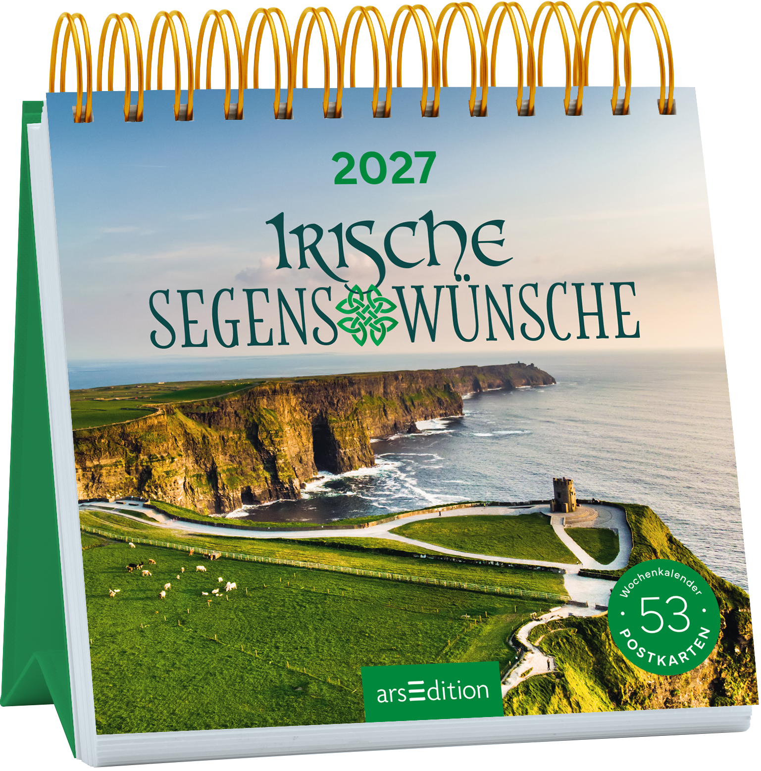 Das Buchcover zeigt eine malerische Küstenlandschaft Irlands mit steilen Klippen und einer Ruhe ausstrahlenden See. Der Titel „Irische Segenswünsche“ steht in eleganter grüner Typografie, begleitet von einem dekorativen, keltischen Muster. Oben ist das Jahr „2027“ in einer klaren Schrift platziert. Unten rechts befindet sich ein Button mit dem Text „52 Postkarten“ und der Hinweis auf einen Wochenkalender. Ganz unten mittig steht der Logoschriftzug von arsEdition.