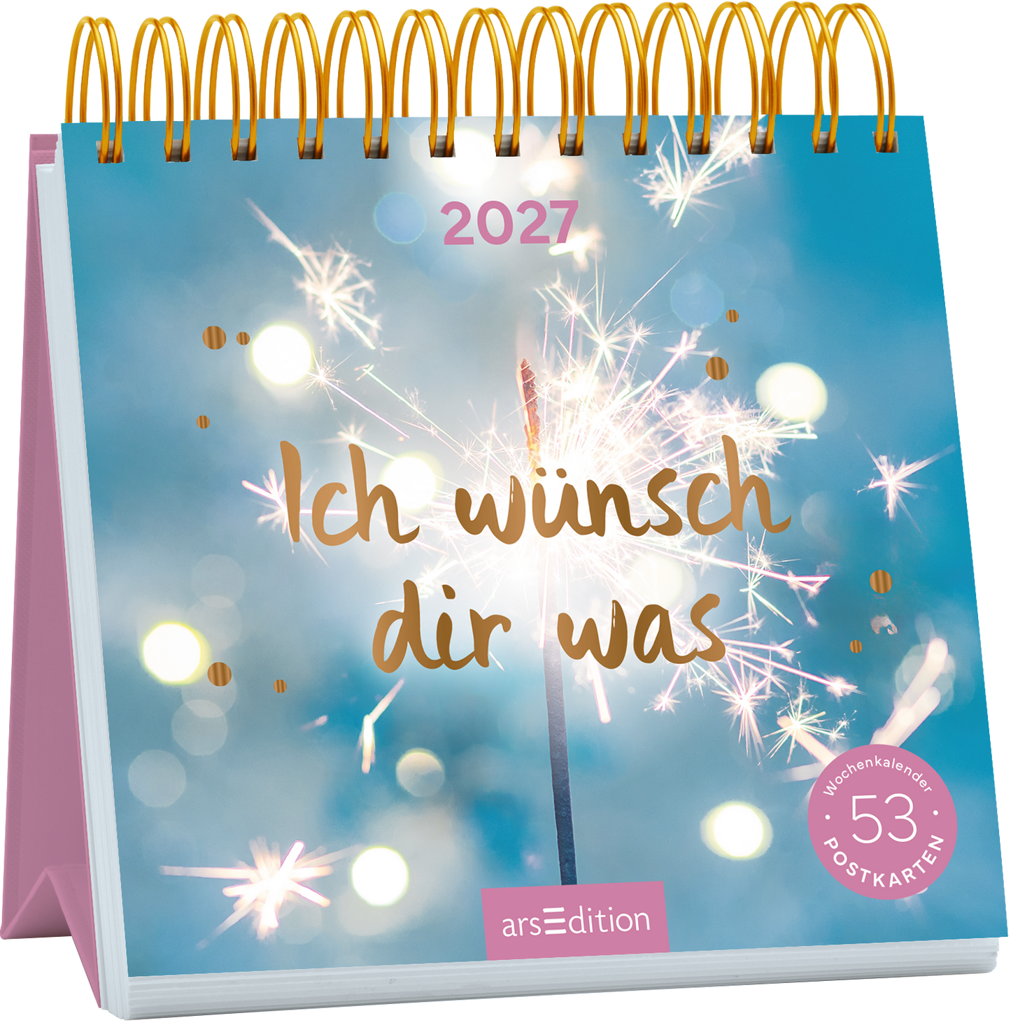 Das Buchcover zeigt einen spiralförmigen Kalender mit einem sanften, hellblauen Hintergrund, auf dem verschwommene Lichter funkeln. In der Mitte steht in eleganter, goldener Schrift „Ich wünsche dir was“. Oberhalb des Schriftzugs ist die Jahreszahl „2027“ platziert. Ein kleiner, rosa Button in der unteren rechten Ecke trägt den Text „53 Postkarten“. Ganz unten mittig steht der Logoschriftzug von arsEdition.