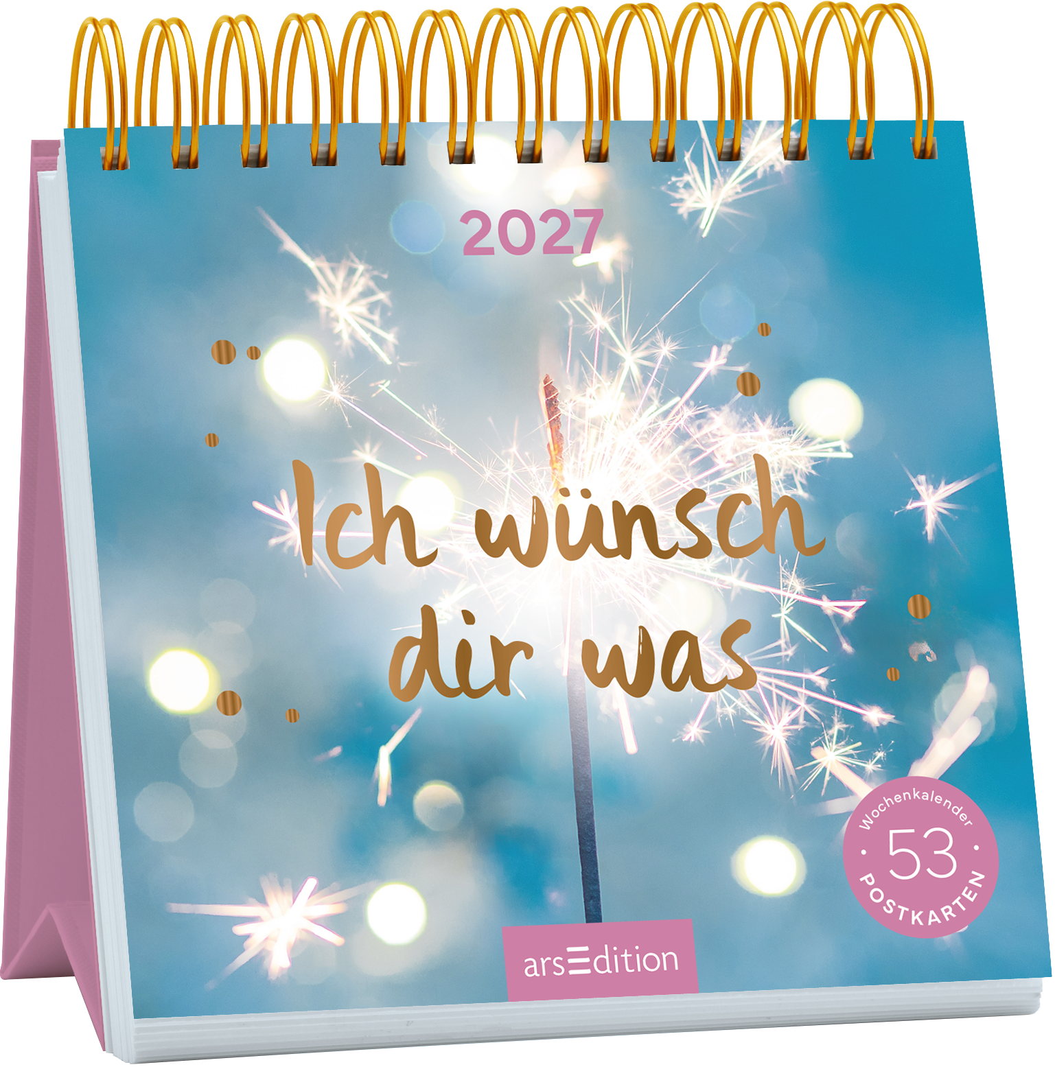 Das Buchcover zeigt einen spiralförmigen Kalender mit einem sanften, hellblauen Hintergrund, auf dem verschwommene Lichter funkeln. In der Mitte steht in eleganter, goldener Schrift „Ich wünsche dir was“. Oberhalb des Schriftzugs ist die Jahreszahl „2027“ platziert. Ein kleiner, rosa Button in der unteren rechten Ecke trägt den Text „53 Postkarten“. Ganz unten mittig steht der Logoschriftzug von arsEdition.