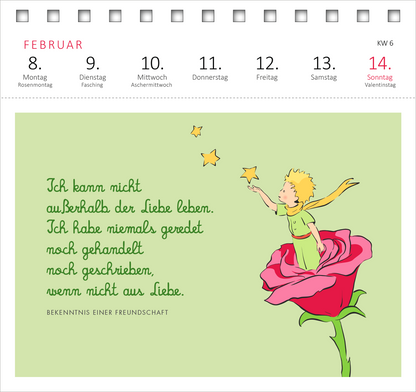 Gezeigt wird eine Innen- oder Zusatzansicht von „Postkartenkalender Man sieht nur mit dem Herzen gut ... 2027“. Die Seite zeigt eine sanfte, hellgrüne Hintergrundfarbe. In der Mitte ist eine rote Rose mit einer kindlichen Figur, die an ihrer Blüte steht und mit einer Hand nach oben zeigt. Um sie herum sind gelbe Sterne. Der Text in geschwungener, dunkler Schrift lautet: „Ich kann nicht außerhalb der Liebe leben. Ich habe niemals geredet noch gehandelt, noch geschrieben, wenn nicht aus...