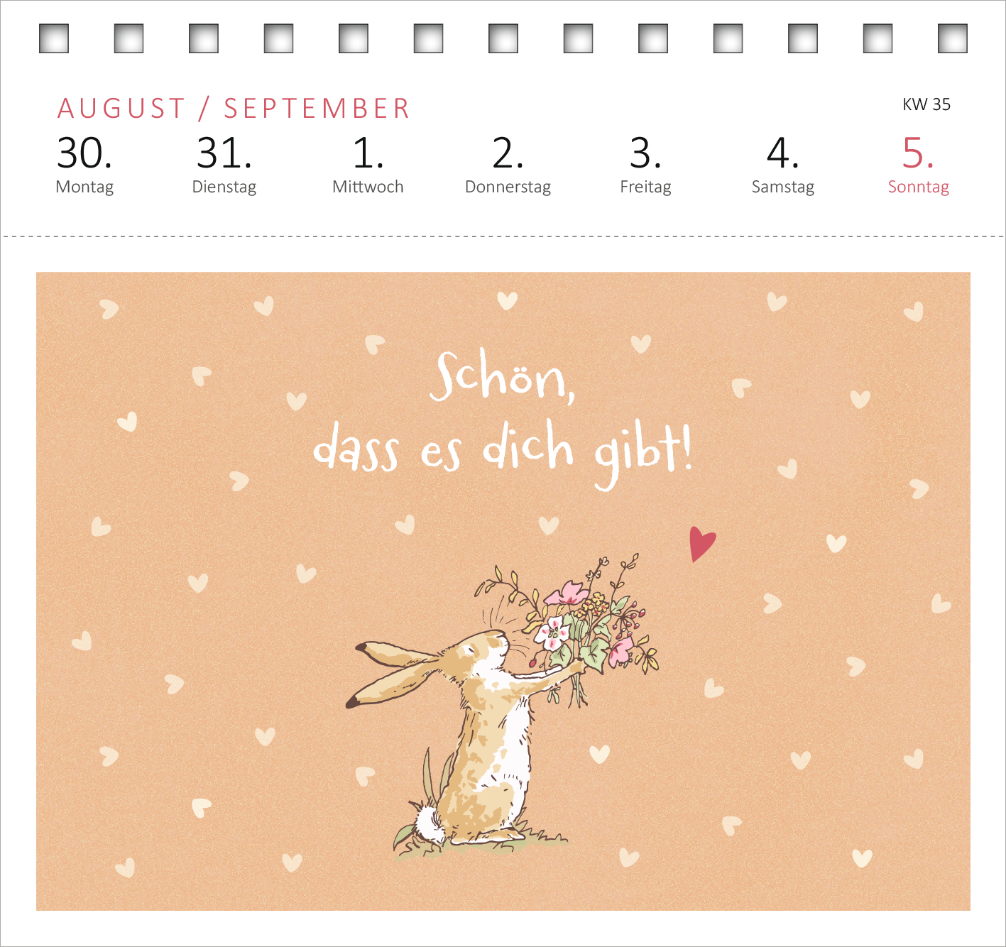 Gezeigt wird eine Innen- oder Zusatzansicht von „Postkartenkalender Weißt du eigentlich, wie lieb ich dich hab? 2027“. Die Abbildung zeigt einen freundlichen, sanften Hintergrund in hellem Beige mit kleinen, weißen Herzen. Ein süßer Hase hält ein Bouquet aus bunten Blumen in der Hand. Darüber steht in verspielter, weißer Schrift der Satz „Schön, dass es dich gibt!“. Die Wochentage und die Monate sind in schlichter, rosaner Typografie am oberen Rand angeordnet.