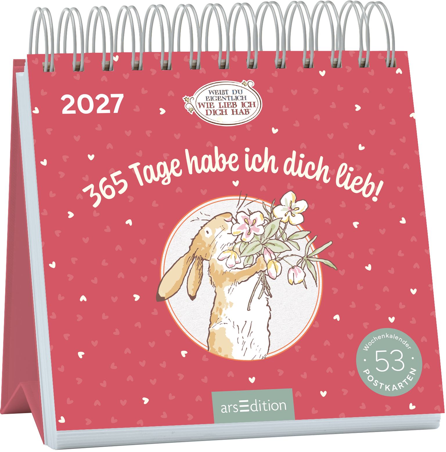 Das Buchcover zeigt einen rosa Hintergrund mit vielen kleinen Herzen. In der Mitte befindet sich eine runde Illustration eines Kaninchens, das mit seinen Vorderpfoten Blumen hält. Über der Illustration steht in verspielter, weißer Schrift der Titel „365 Tage habe ich dich lieb!“. Oben links ist die Jahreszahl „2027“ abgedruckt. Am oberen Rand ist ein ovales Emblem mit dem Spruch „WEISS DU EIGENTLICH WIE LIEB ICH DICH HAB“. Ganz unten mittig steht der Logoschriftzug von arsEdition.