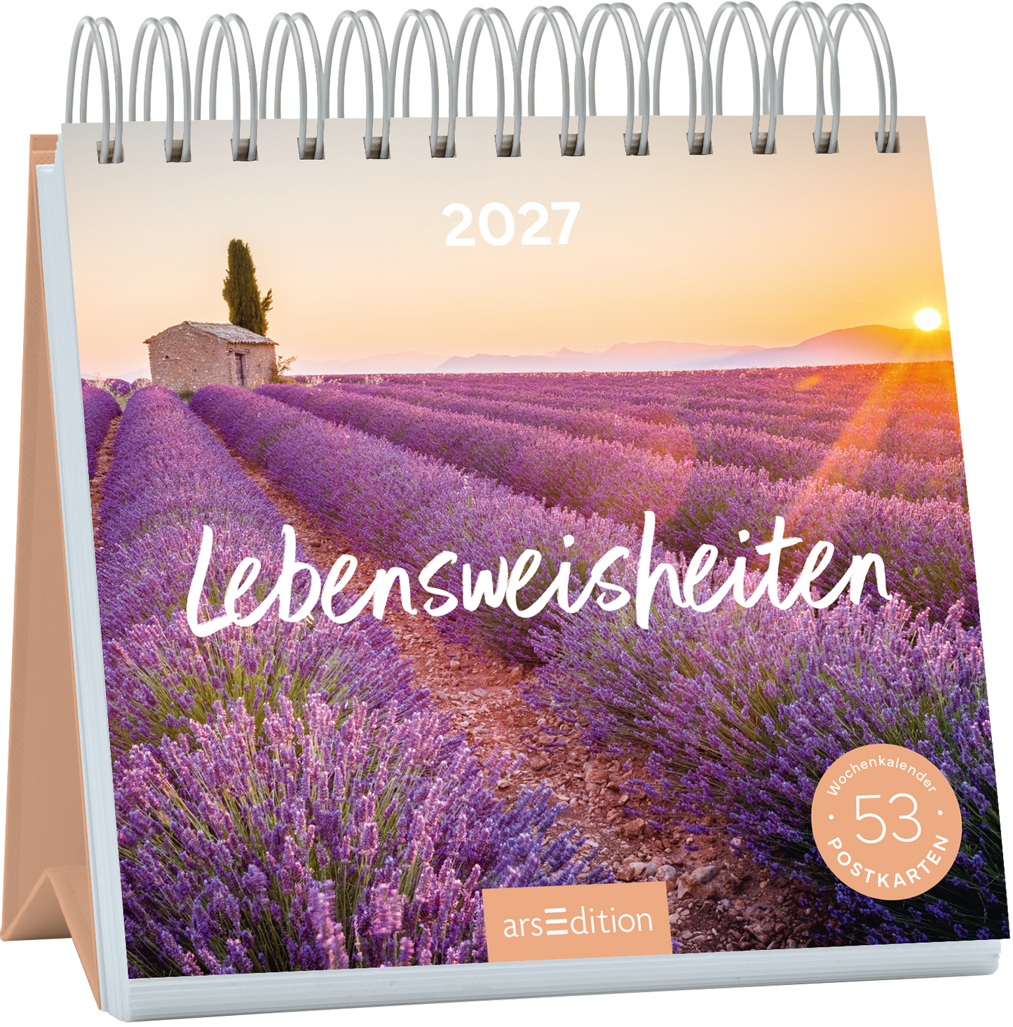 Das Buchcover zeigt ein romantisches Landschaftsbild mit violetten Lavendelfeldern, die sanft im Sonnenlicht erstrahlen. Im Hintergrund ist ein kleines Steinhaus und einige Bäume zu sehen, während der Himmel in warmen Farbtönen leuchtet. In der Mitte des Covers steht in geschwungener, weißer Schrift der Titel „Lebensweisheiten“. Oben rechts ist die Jahreszahl „2027“ abgebildet. Ganz unten mittig steht der Logoschriftzug von arsEdition.