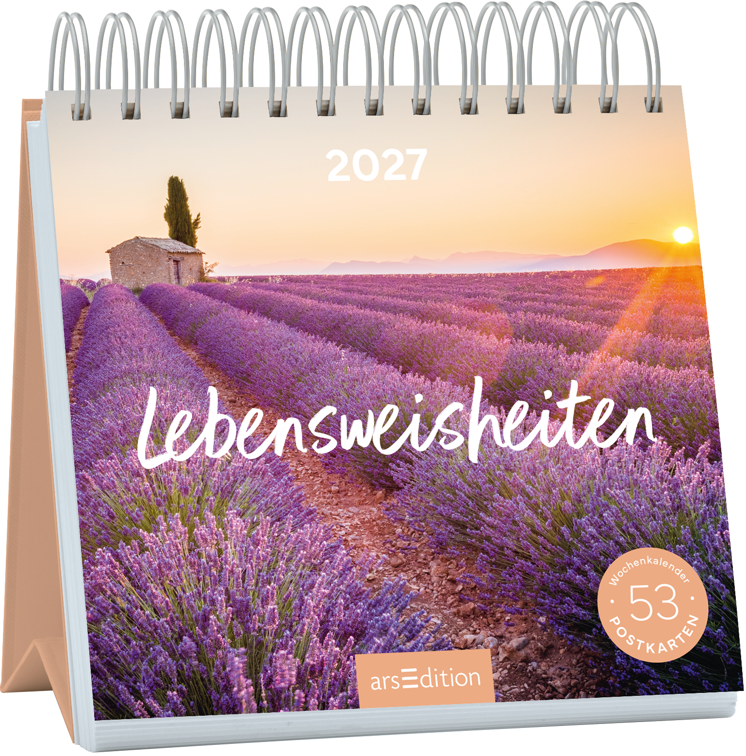 Das Buchcover zeigt ein romantisches Landschaftsbild mit violetten Lavendelfeldern, die sanft im Sonnenlicht erstrahlen. Im Hintergrund ist ein kleines Steinhaus und einige Bäume zu sehen, während der Himmel in warmen Farbtönen leuchtet. In der Mitte des Covers steht in geschwungener, weißer Schrift der Titel „Lebensweisheiten“. Oben rechts ist die Jahreszahl „2027“ abgebildet. Ganz unten mittig steht der Logoschriftzug von arsEdition.