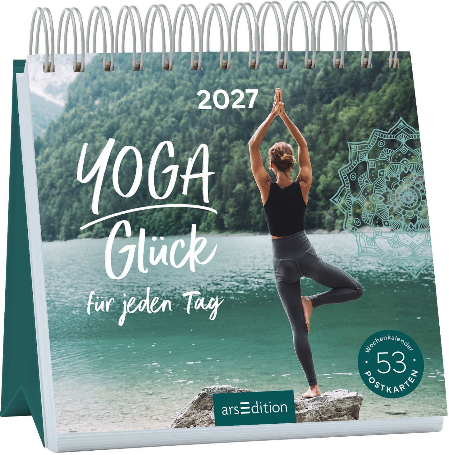 Das Buchcover zeigt einen ruhigen Seeblick mit Bergen im Hintergrund. Darauf steht eine Yoga-Praktizierende in der Baumstellung, die Hände in Anjali Mudra vor der Brust positioniert. Die Schriftzüge „YOGA“ und „Glück“ sind farbenfroh und einladend, ergänzt von „für jeden Tag“ in einer harmonischen Typografie. Oben ist das Jahr „2027“ platziert, und ein Hinweis auf „53 Postkarten“ ist zu finden. Rechts unten ist der SPIEGEL-Bestseller-Button sichtbar. Ganz unten mittig...