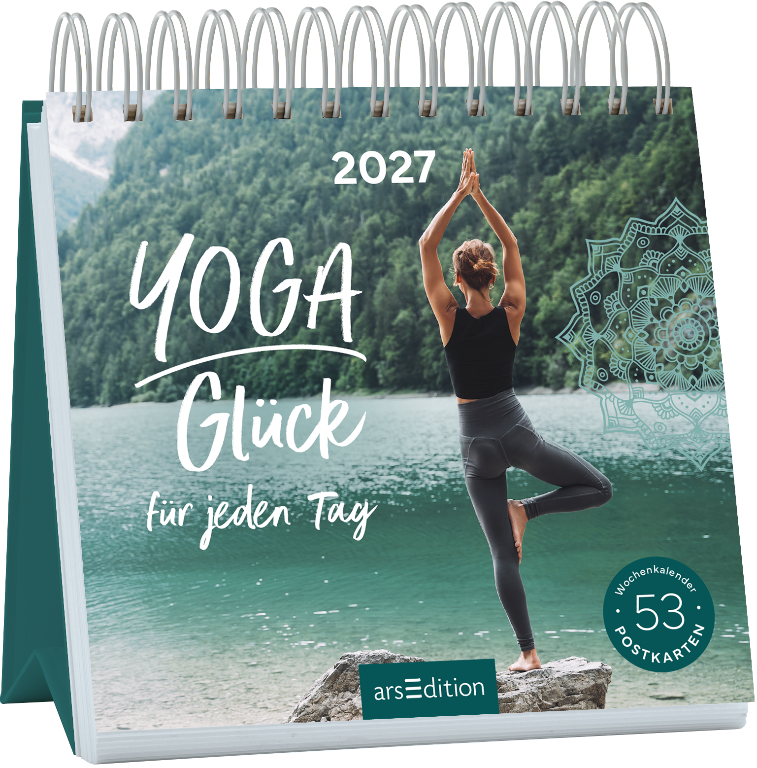 Das Buchcover zeigt einen ruhigen Seeblick mit Bergen im Hintergrund. Darauf steht eine Yoga-Praktizierende in der Baumstellung, die Hände in Anjali Mudra vor der Brust positioniert. Die Schriftzüge „YOGA“ und „Glück“ sind farbenfroh und einladend, ergänzt von „für jeden Tag“ in einer harmonischen Typografie. Oben ist das Jahr „2027“ platziert, und ein Hinweis auf „53 Postkarten“ ist zu finden. Rechts unten ist der SPIEGEL-Bestseller-Button sichtbar. Ganz unten mittig...