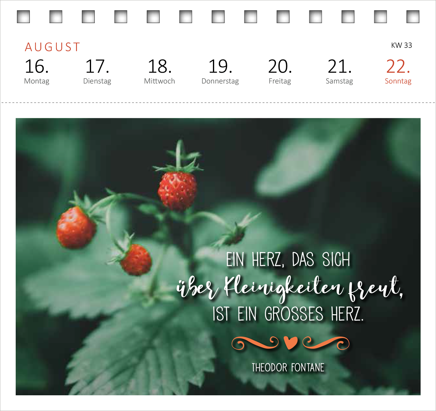 Gezeigt wird eine Innen- oder Zusatzansicht von „Postkartenkalender Glücksmantras 2027“. Die Bildfläche zeigt eine grüne Pflanzenlandschaft mit reifen Erdbeeren. Darauf befindet sich ein Zitat von Theodor Fontane in geschwungener, eleganter Schrift: „Ein Herz, das sich über Kleinigkeiten freut, ist ein grosses Herz.“ Die Typografie ist in Weiß und Schwarz gestaltet, begleitet von dekorativen Elementen in warmen Farben, die das Zitat hervorheben. Oben sind die Wochentage und das...